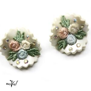 Vintage Curvy Floral Clip On Earrings Embroidered Flowers Rhinestones - Hey Viv